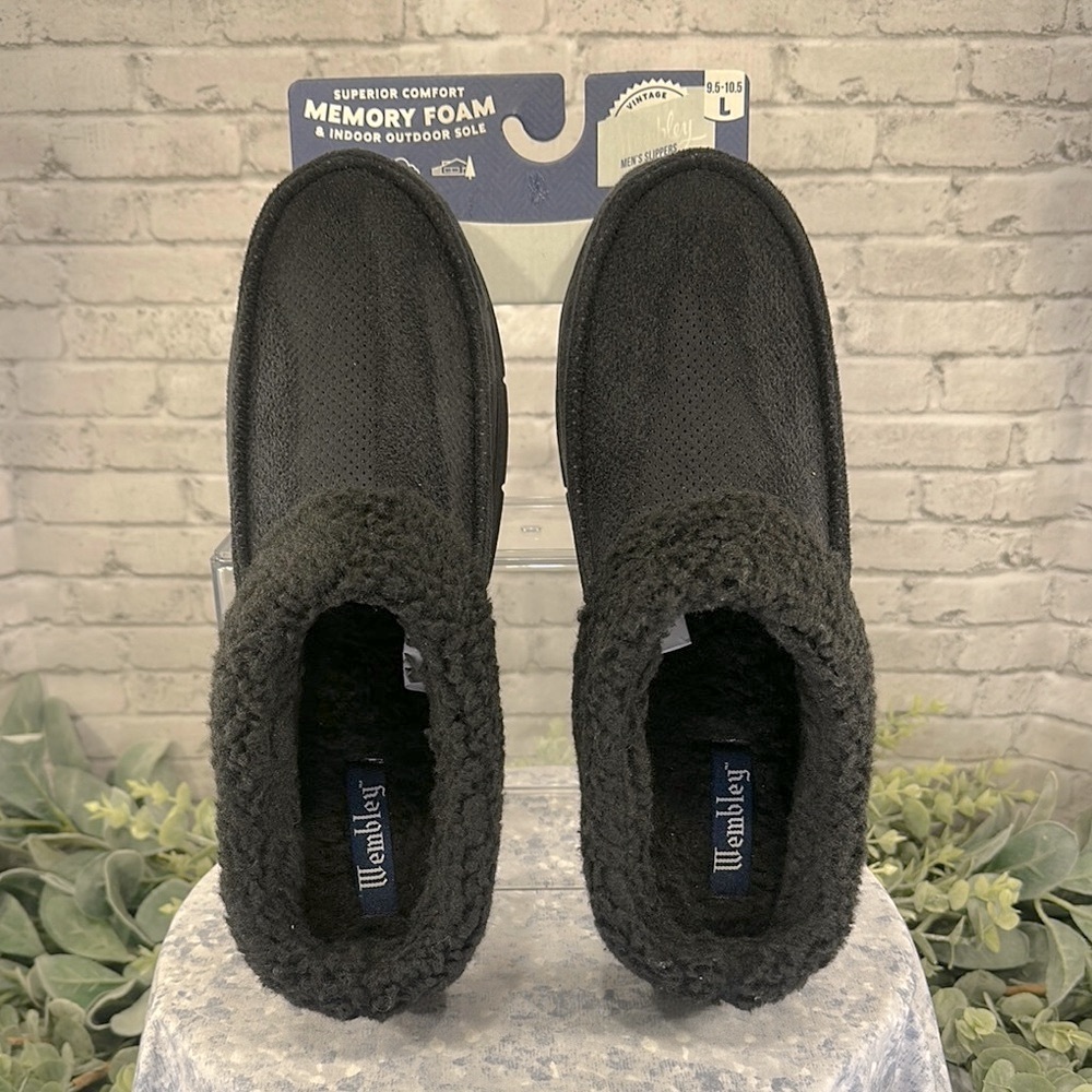 WEMBLEY Vintage Black Indoor/Outdoor Faux Suede Memory Foam Slippers Mens Large